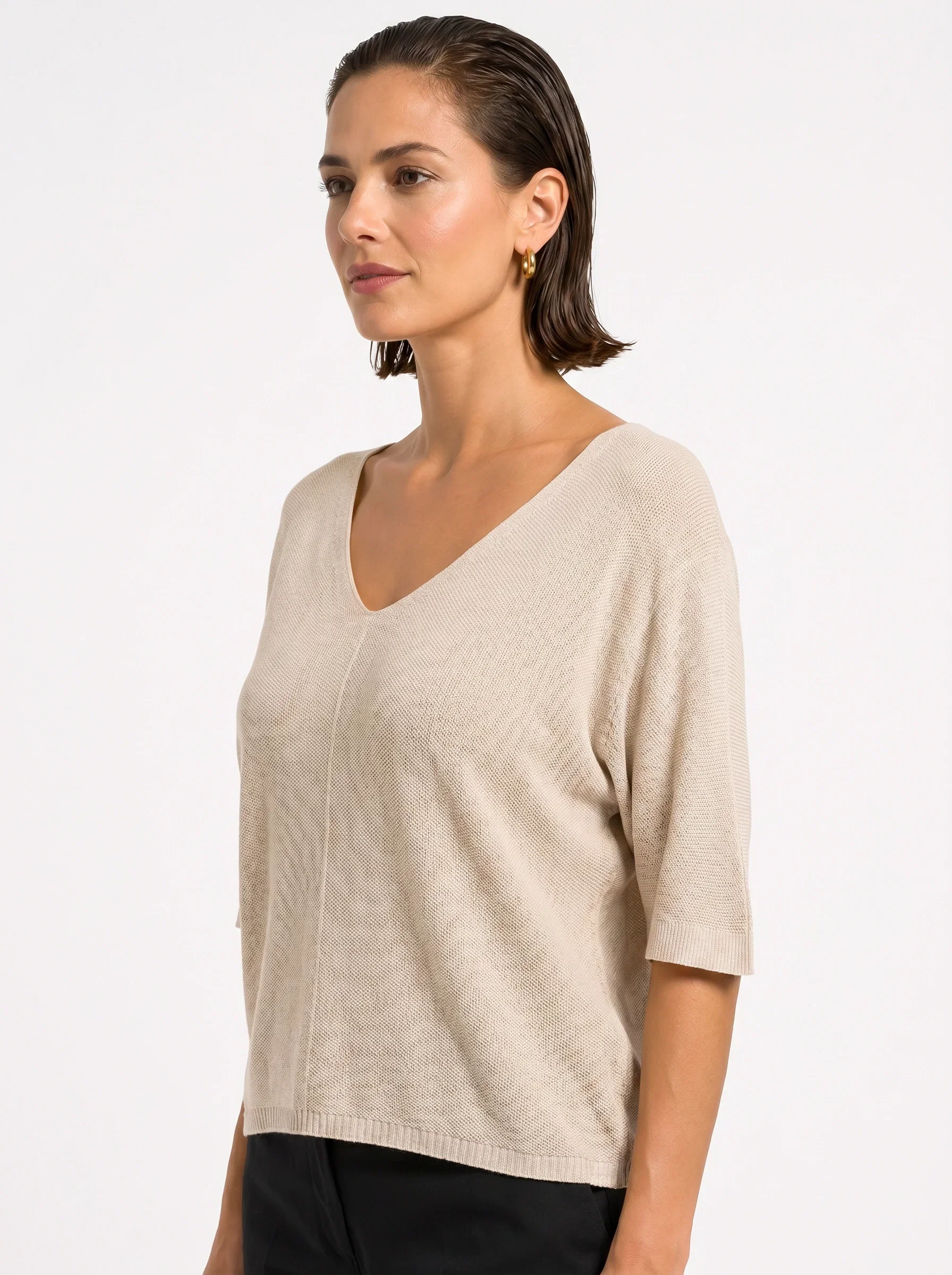 Shopika Bluza fin tricotata bob de orez cu maneca fluture 3 4 bej inchis