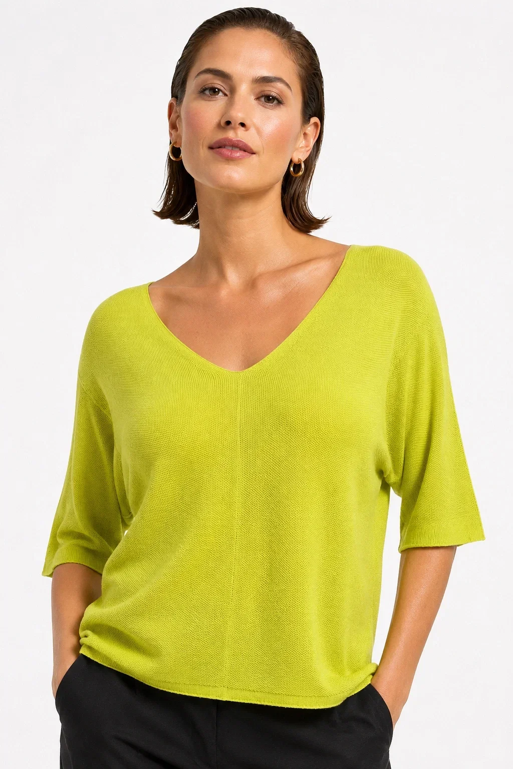 Shopika Bluza fin tricotata bob de orez cu maneca fluture 3 4 galben lime