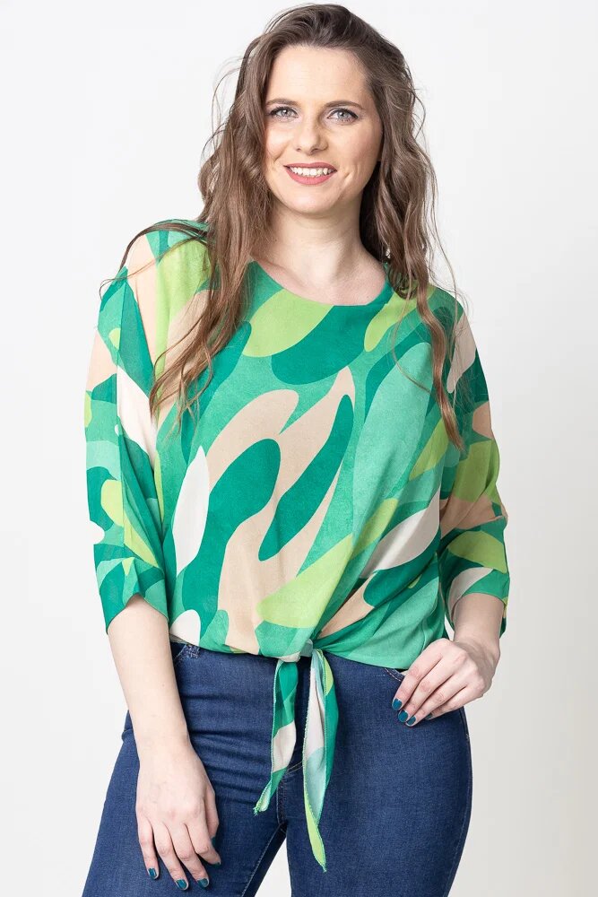 Shopika Bluza lejera cu imprimeu abstract verde si nod frontal