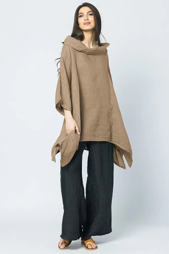 Shopika Bluza lunga in colturi din in cu gluga camel