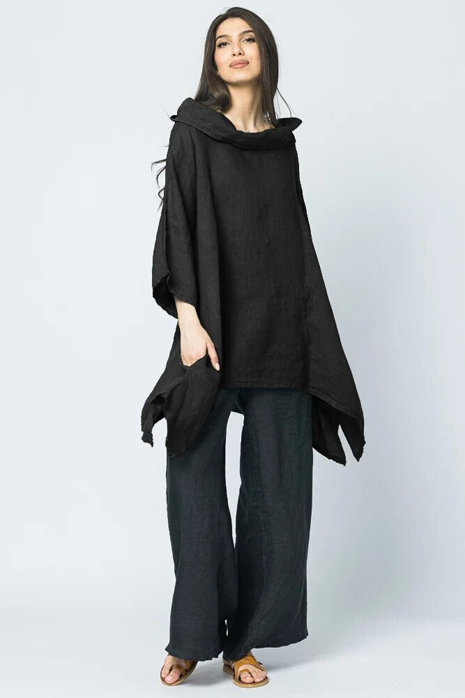 Shopika Bluza lunga in colturi din in cu gluga neagra