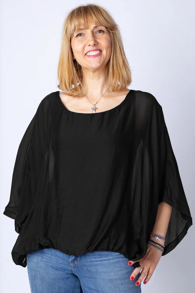 Shopika Bluza neagra din matase si vascoza cu maneca fluture