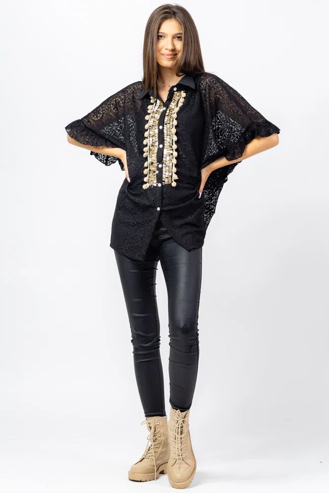 Shopika Bluza neagra eleganta din dantela cu aplicatie aurie