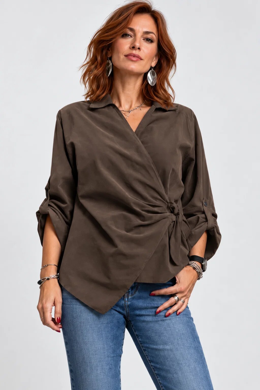 Shopika Bluza petrecuta din catifea reiata de bumbac cu drapaj lateral maro