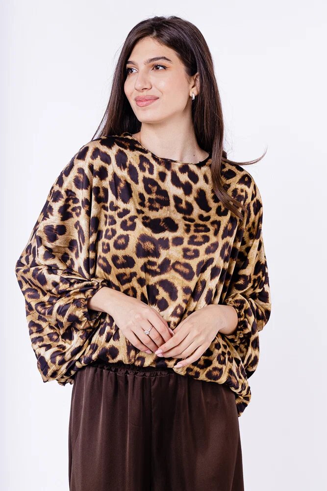 Shopika Bluza plisata din satin cu maneci fluture si imprimeu animal print