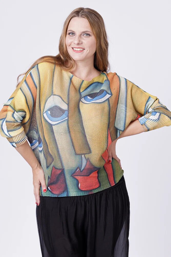 Shopika Bluza tricotaj subtire cu imprimeu stil Picasso pe fond galben