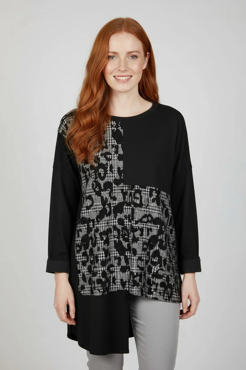 Shopika Bluza tunica asimetrica din jerseu gri si negru cu combinatie de materiale