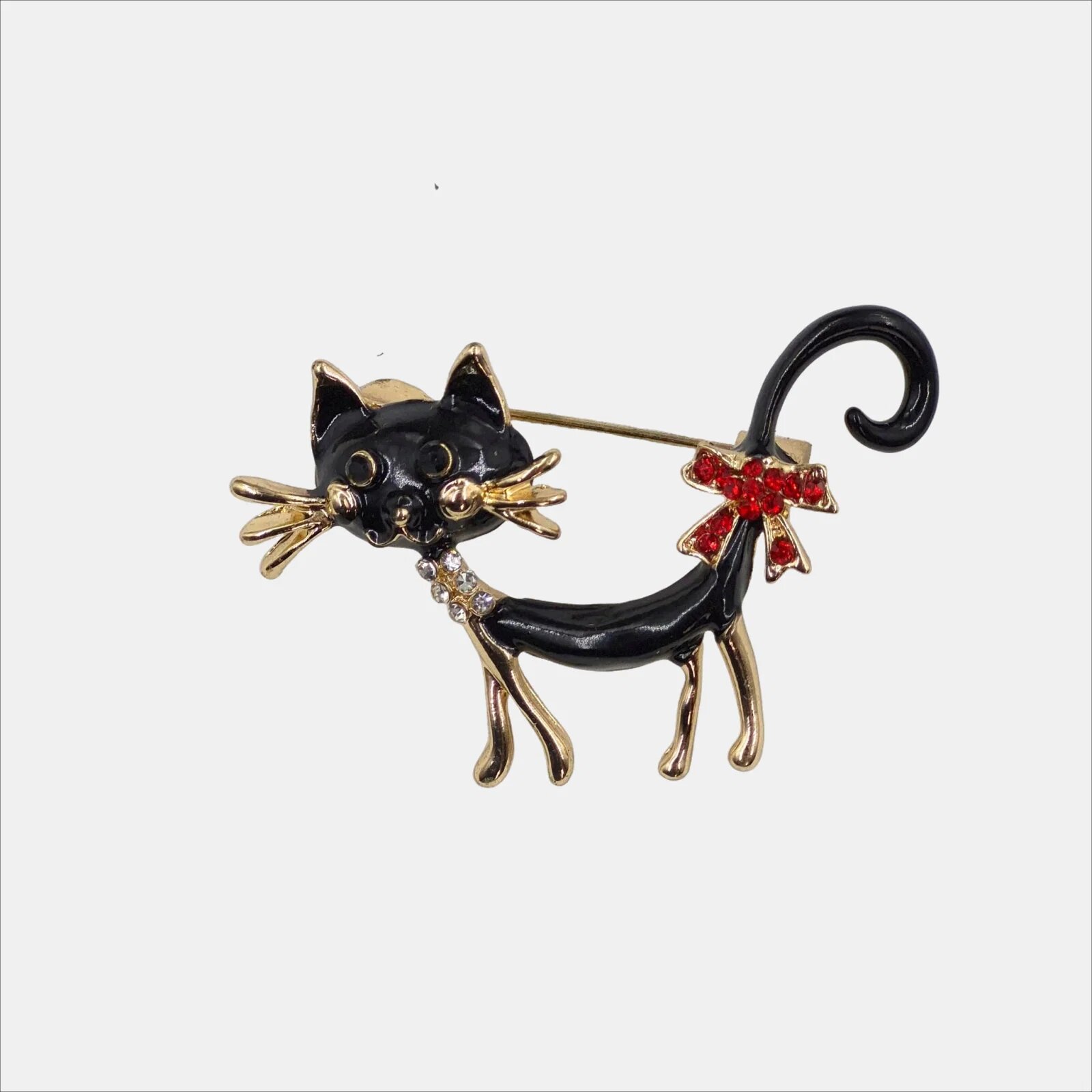 Shopika Brosa eleganta pisica neagra din metal cu strasuri rosii