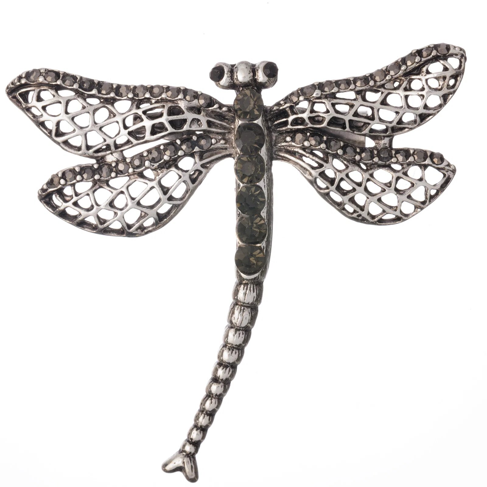Shopika Brosa metalica argintie cu pietricele verzi olive libelula cu coada curbata