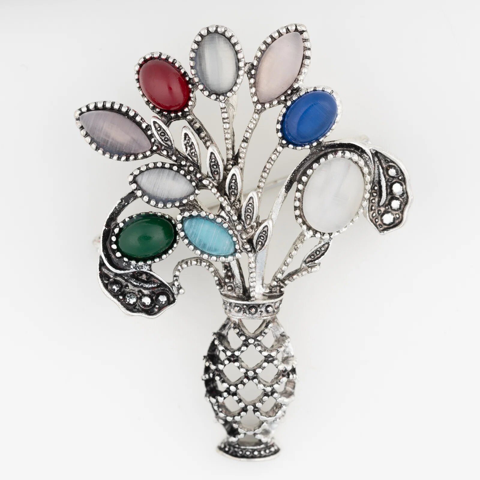 Shopika Brosa metalica argintie vaza cu flori multicolore