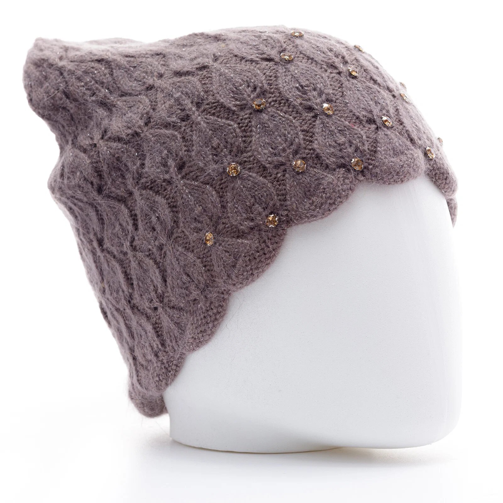 Shopika Caciula bej inchis model tricotat cu fir de lurex si strasuri aplicate captusita in interior