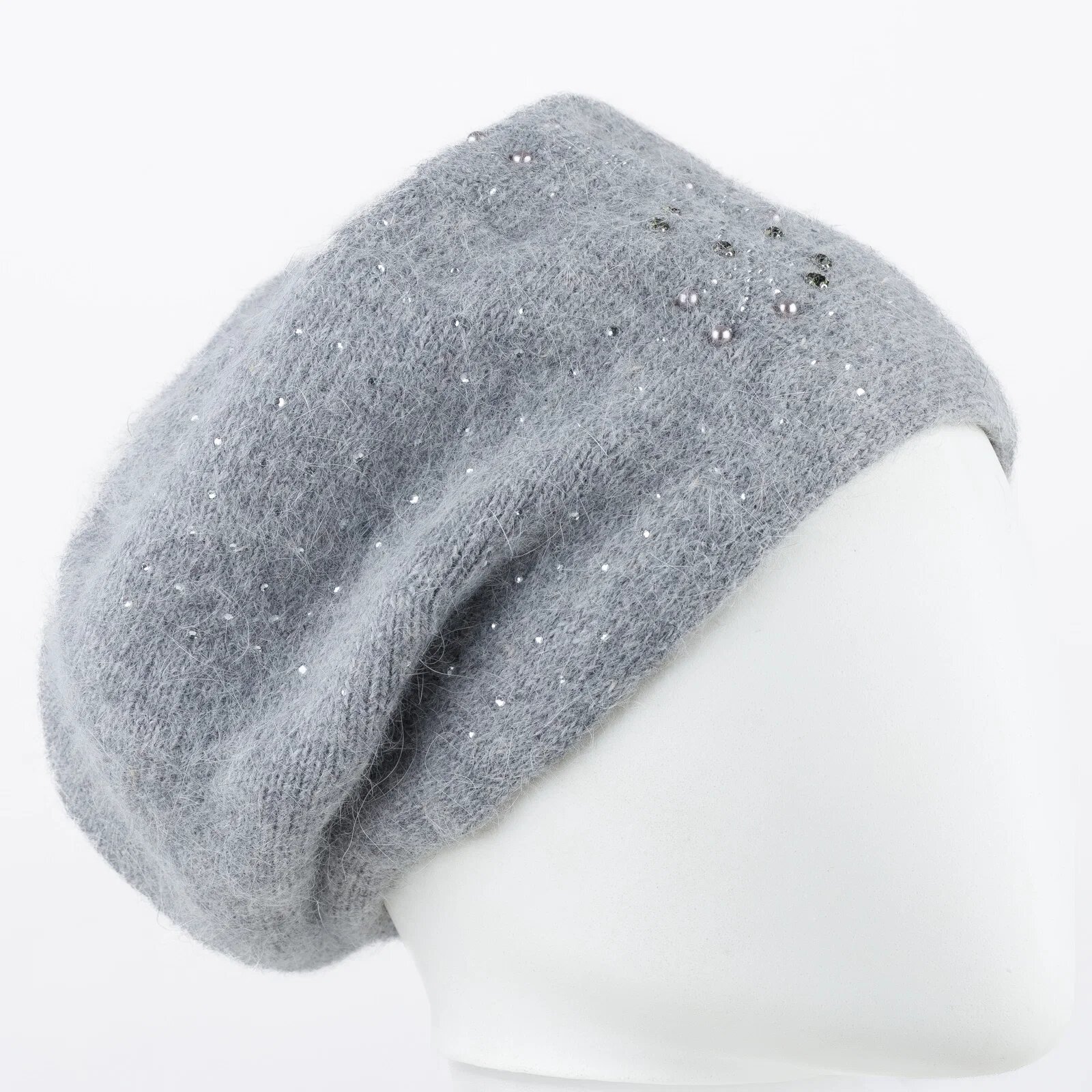 Shopika Caciula gri model tricotat cu perle si strasuri fine aplicate dublata in interior