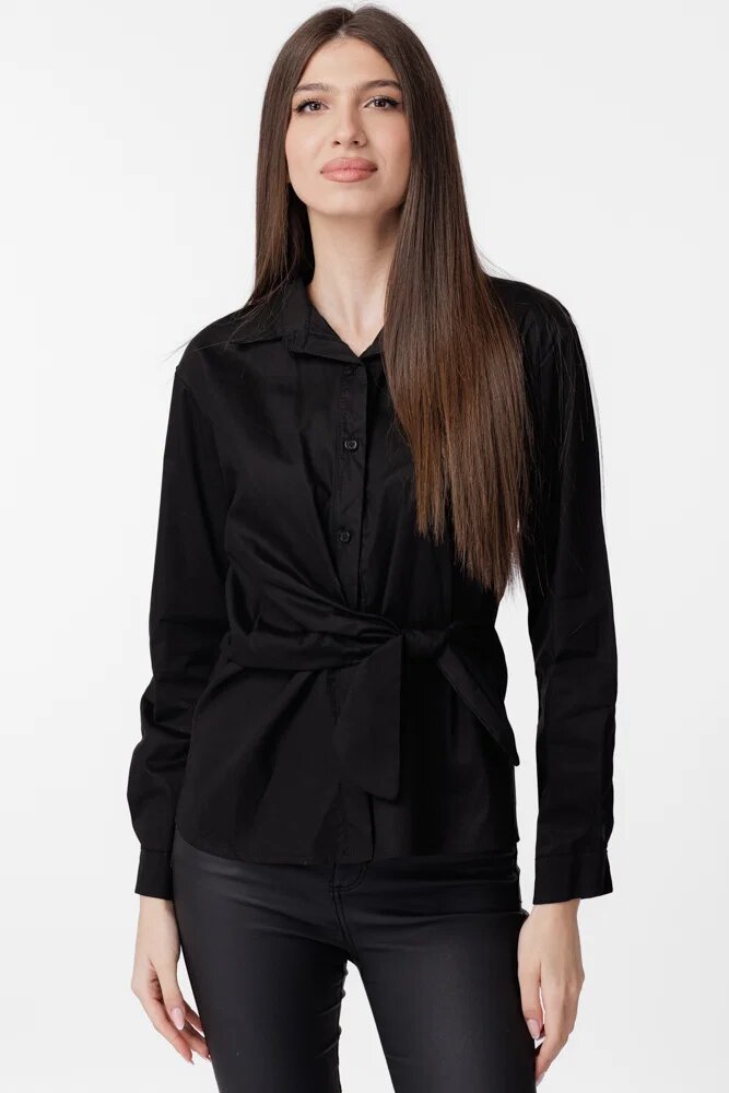 Shopika Camasa clasica din poplin de bumbac cu nod pe talie neagra
