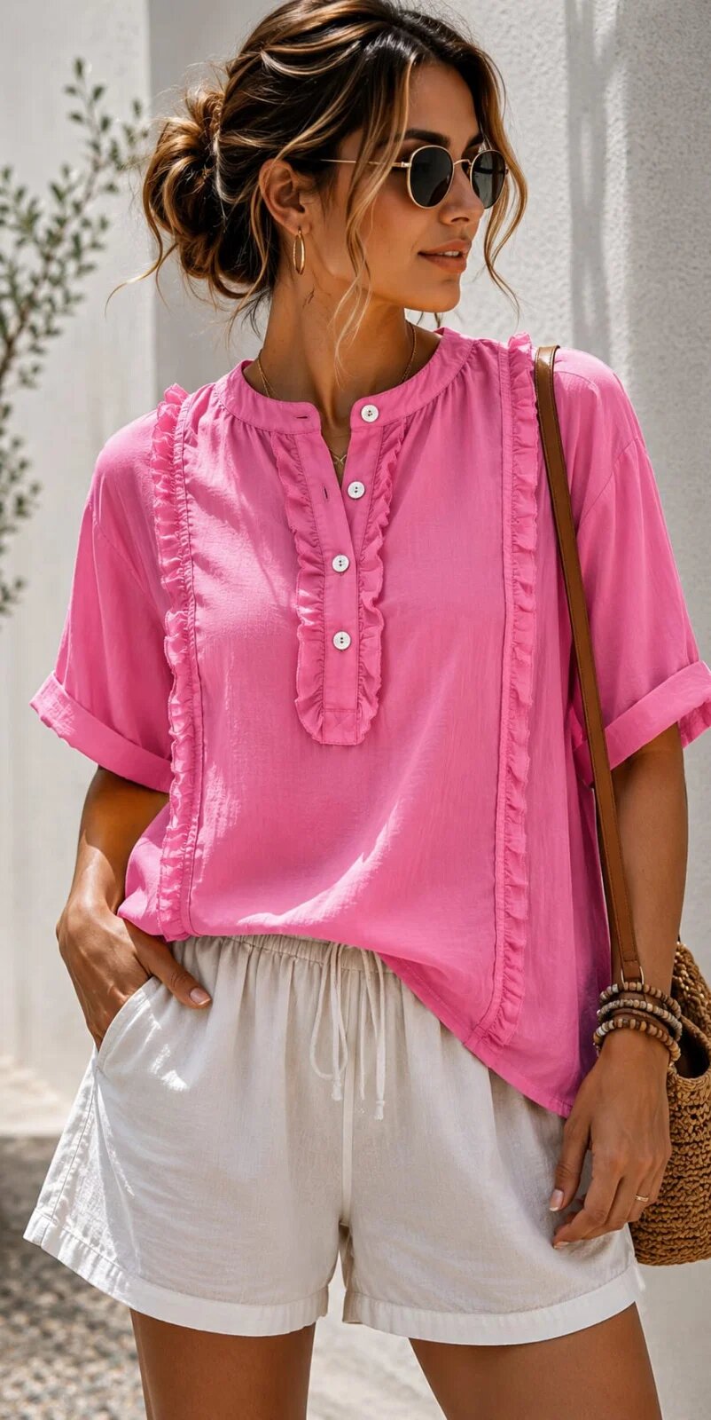 Shopika Camasa din bumbac cu volane decorative si nasturi fucsia