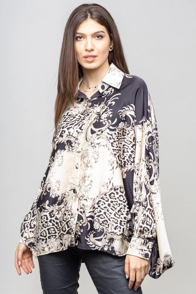 Shopika Camasa din satin oversize cu maneci bufante si imprimeu floral bej-negru