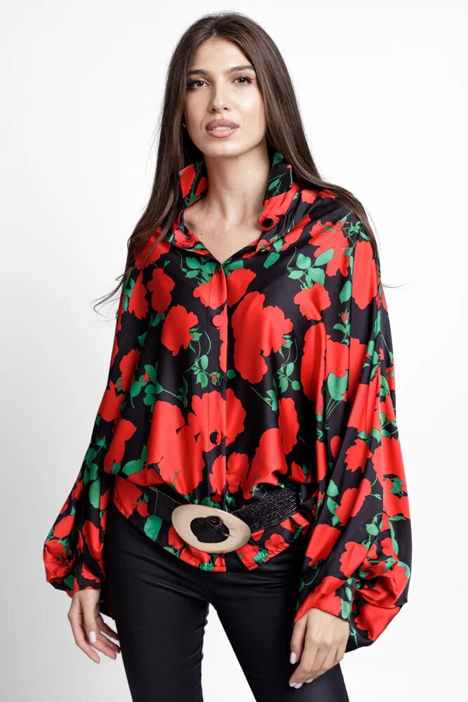 Shopika Camasa din satin oversize cu maneci bufante si imprimeu flori rosii pe fond negru