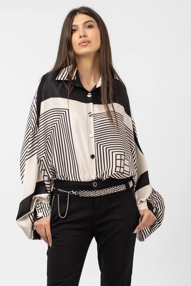 Shopika Camasa din satin oversize cu maneci bufante si imprimeu jocuri de linii alb cu negru