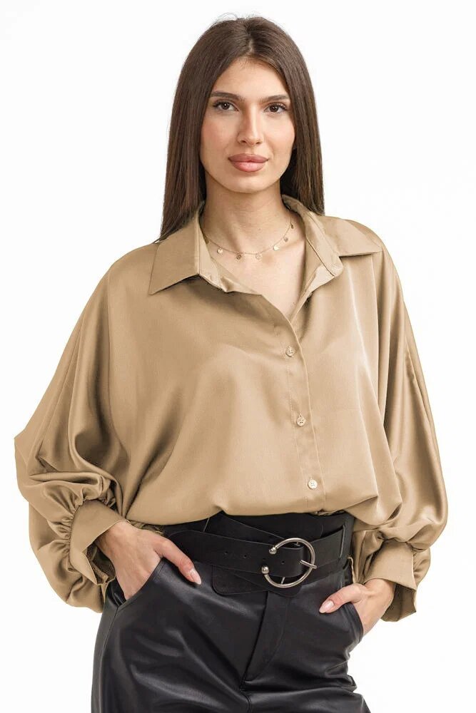 Shopika Camasa eleganta din satin cu maneci bufante cappucino