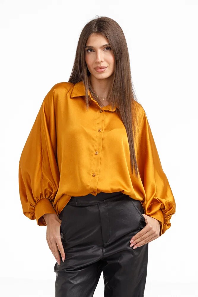 Shopika Camasa eleganta din satin cu maneci bufante galben mustar