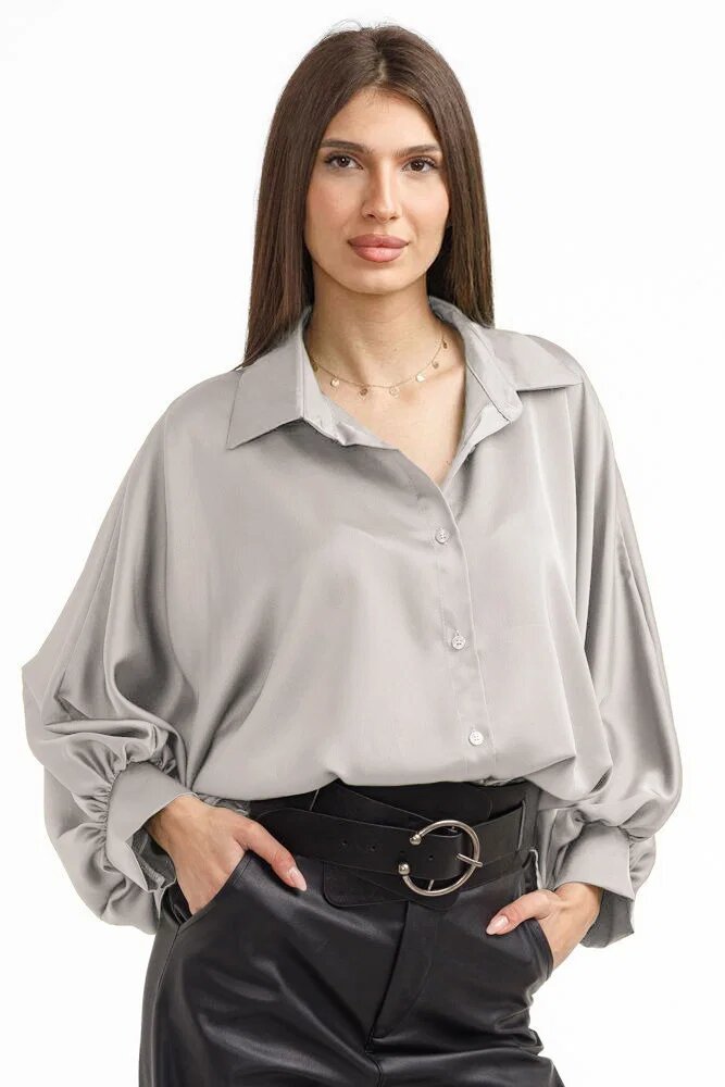 Shopika Camasa eleganta din satin cu maneci bufante gri deschis