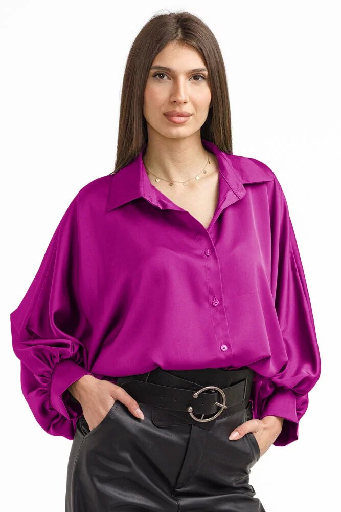 Shopika Camasa eleganta din satin cu maneci bufante magenta