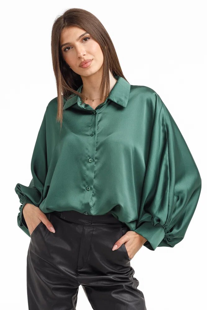 Shopika Camasa eleganta din satin cu maneci bufante verde forest