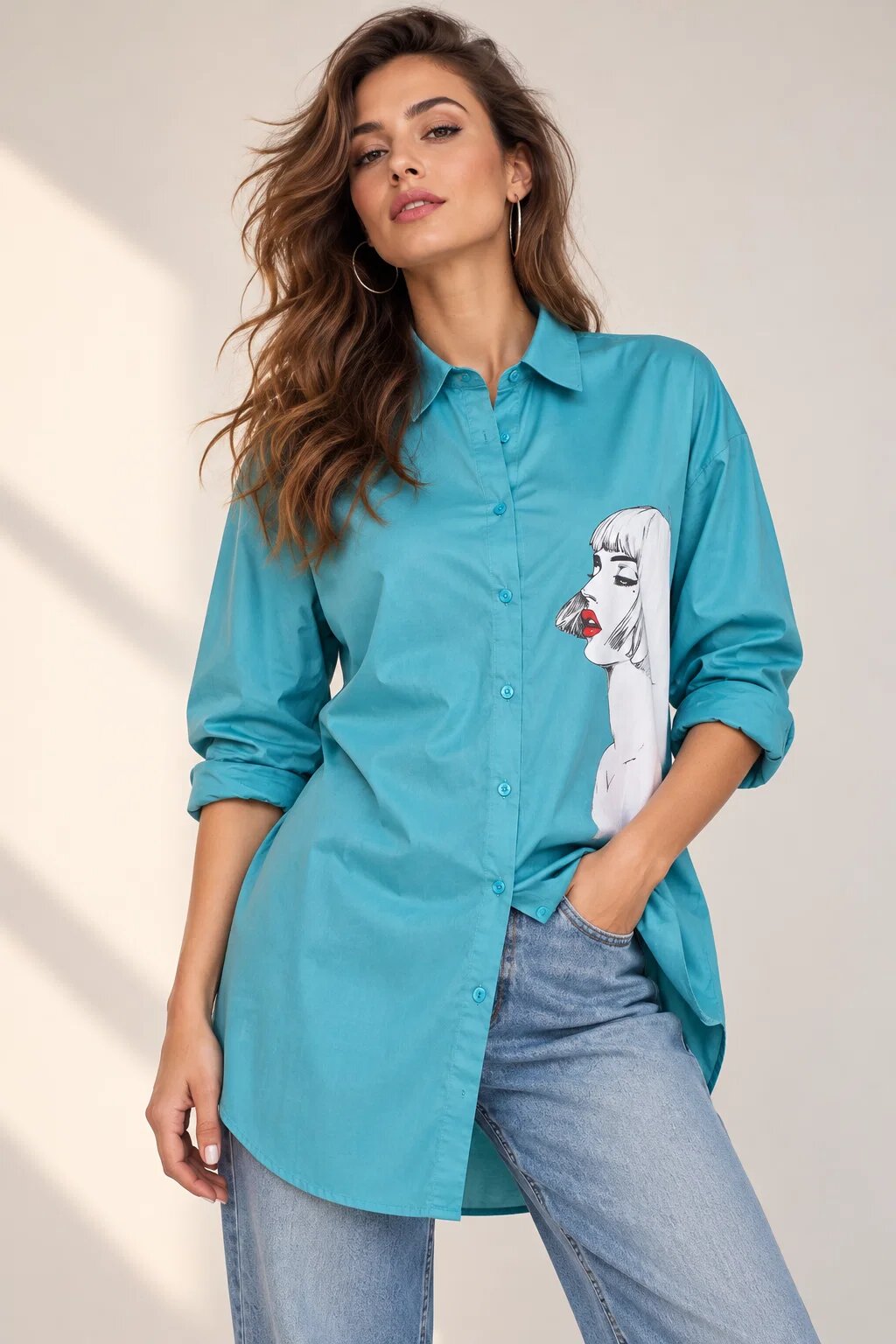 Shopika Camasa lunga turcoaz din bumbac cu imprimeu girlish