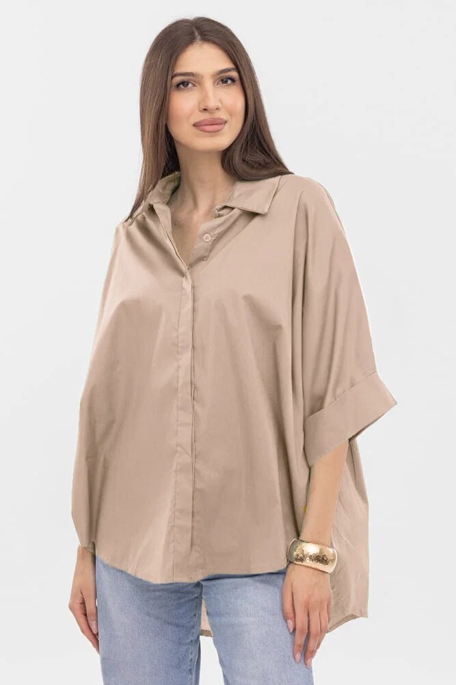 Shopika Camasa oversize bej din poplin satinat de bumbac cu maneca lunga