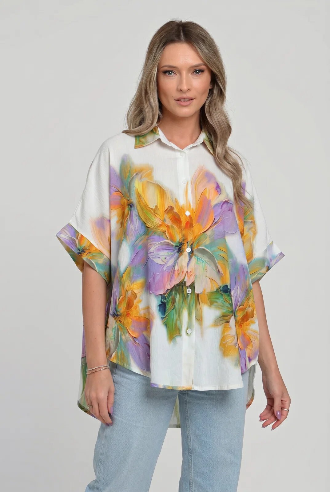 Shopika Camasa oversize cu maneca scurta din in si vascoza imprimeu artistic pastel