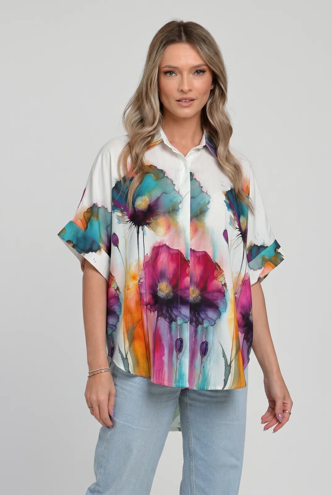Shopika Camasa oversize cu maneca scurta din in si vascoza imprimeu floral artistic