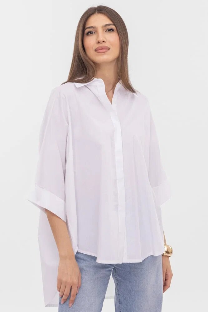 Shopika Camasa oversize ivoire din poplin satinat de bumbac cu maneca lunga