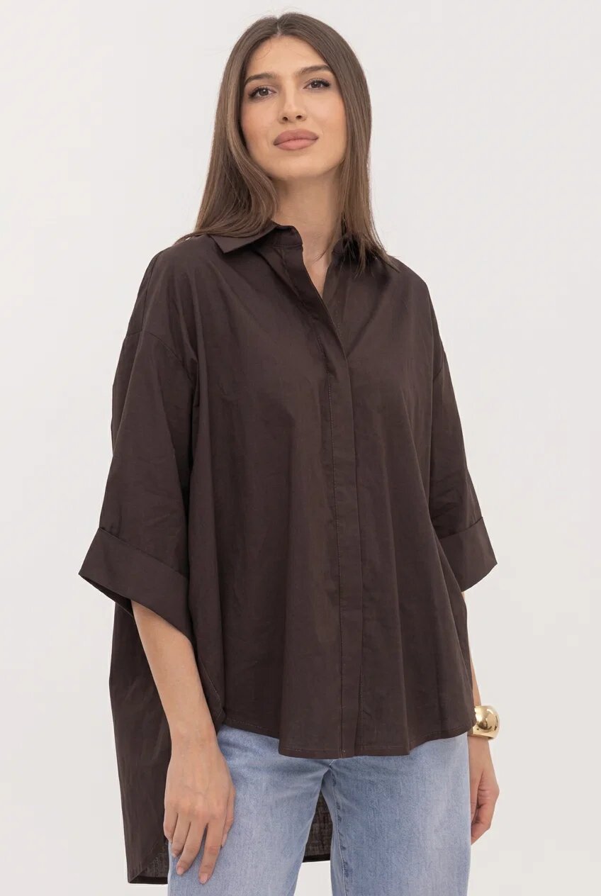 Shopika Camasa oversize maro din poplin satinat de bumbac cu maneca lunga