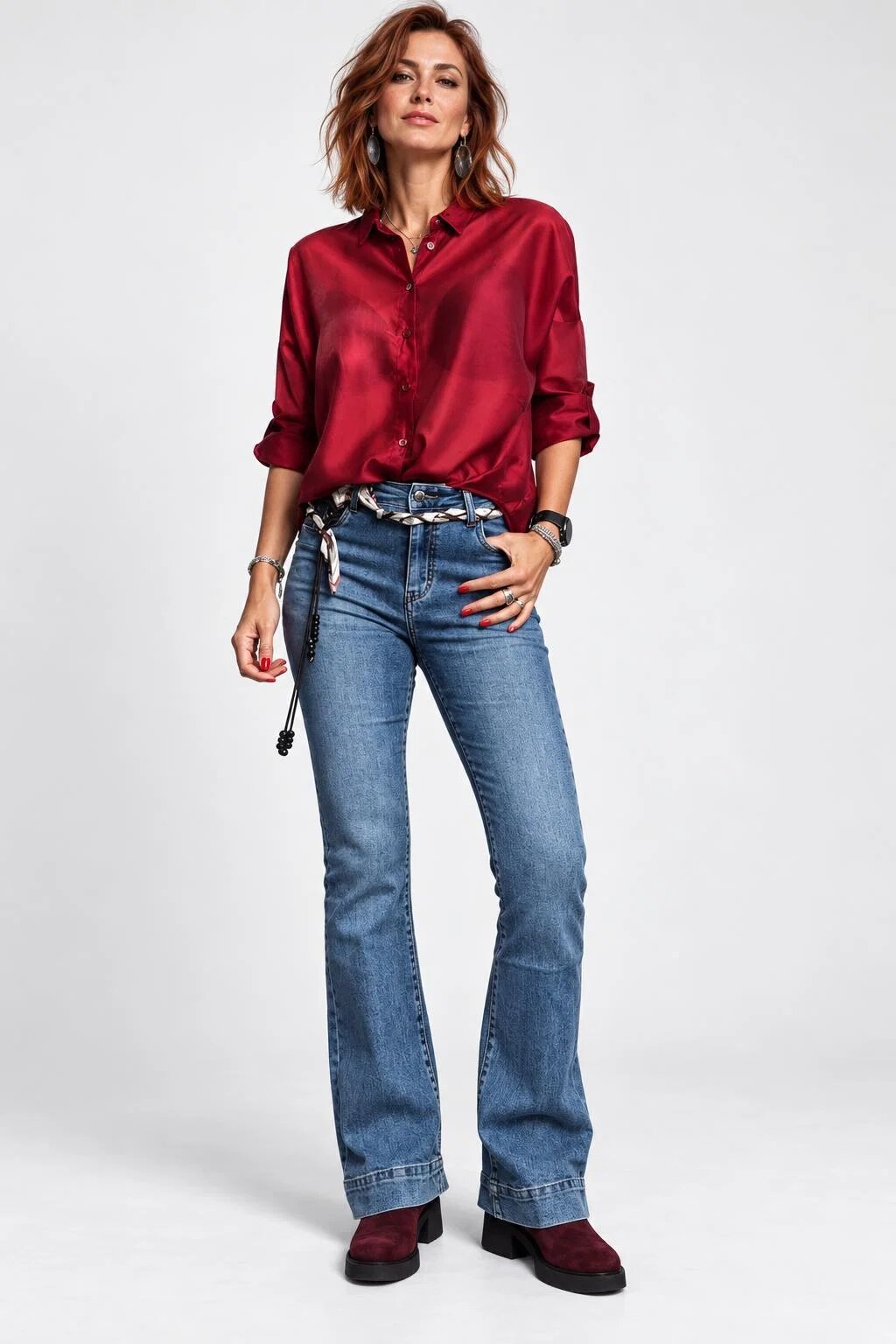 Shopika Camasa satinata oversized cu maneci reglabile bordo