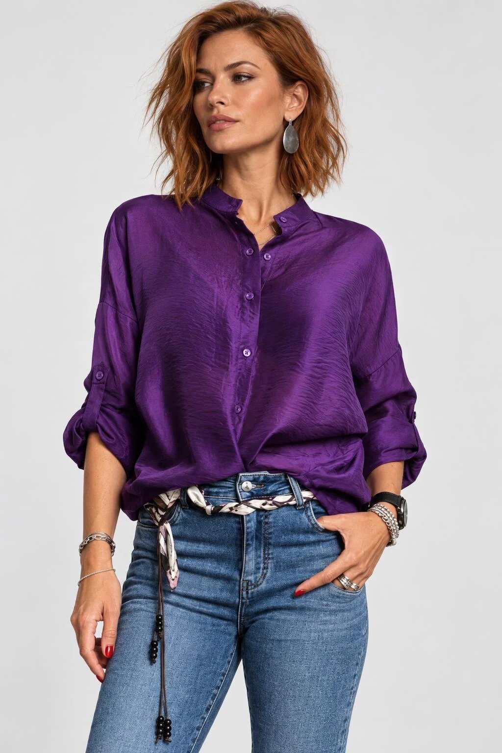 Shopika Camasa satinata oversized cu maneci reglabile mov violet