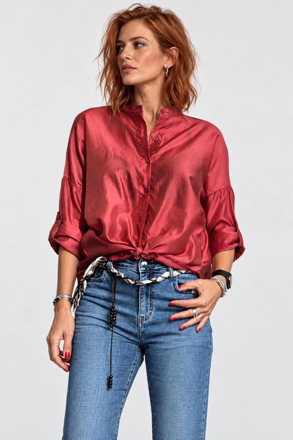 Shopika Camasa satinata oversized cu maneci reglabile roz inchis