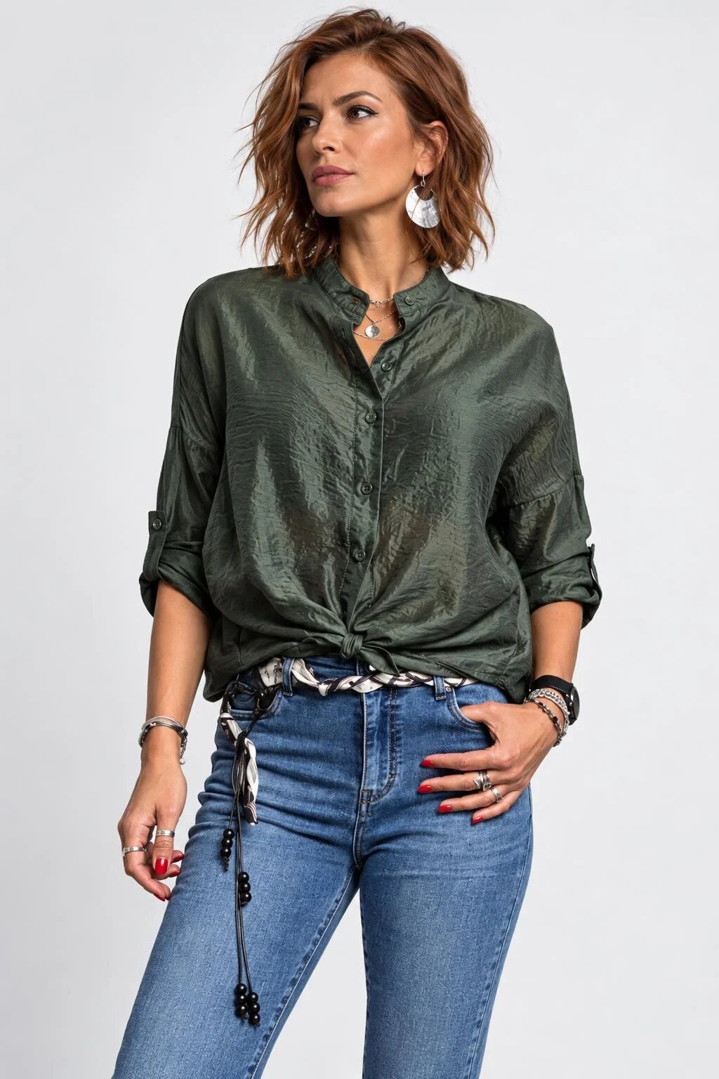 Shopika Camasa satinata oversized cu maneci reglabile verde kaki