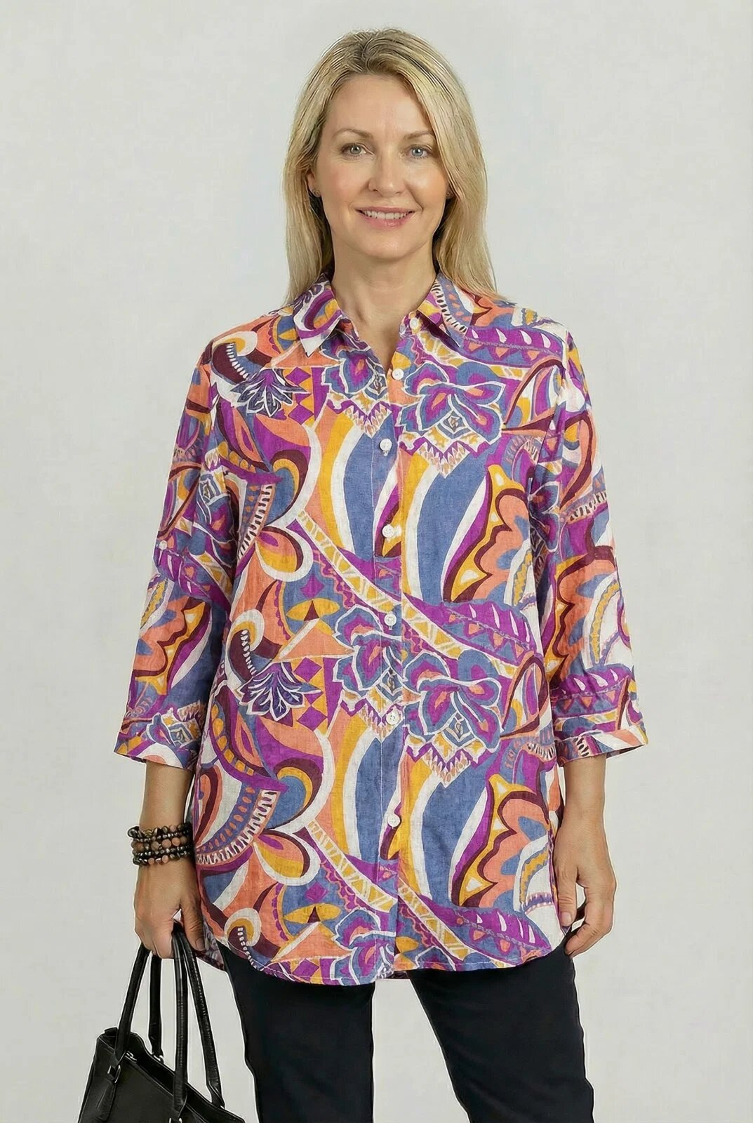 Shopika Camasa subtire din vascoza cu guler clasic si imprimeu abstract in nuante de portocaliu si mov