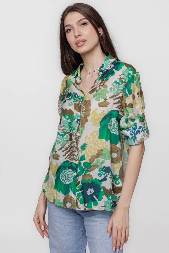 Shopika Camasa subtire din vascoza cu guler clasic si imprimeu floral in nuante de verde