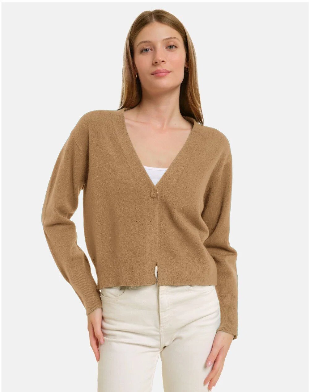 Shopika Cardigan cu decolteu in V din tricotaj fin camel