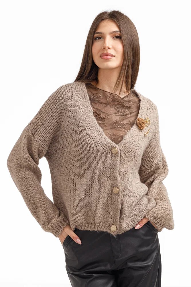 Shopika Cardigan dama cu lana si mohair cu brose decorative pulover casual chic bej inchis