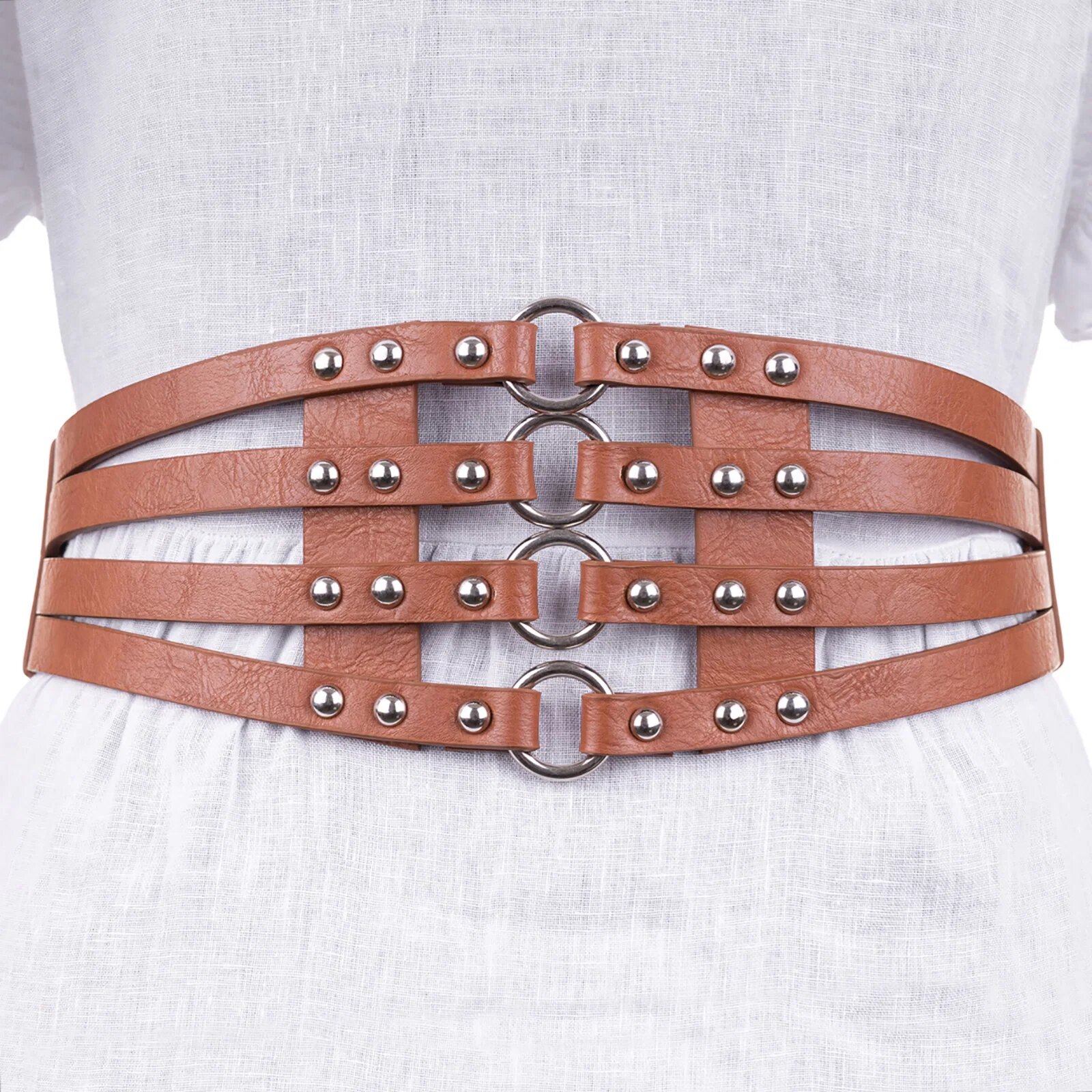Shopika Centura camel lata din piele ecologica cu tinte si cercuri metalice
