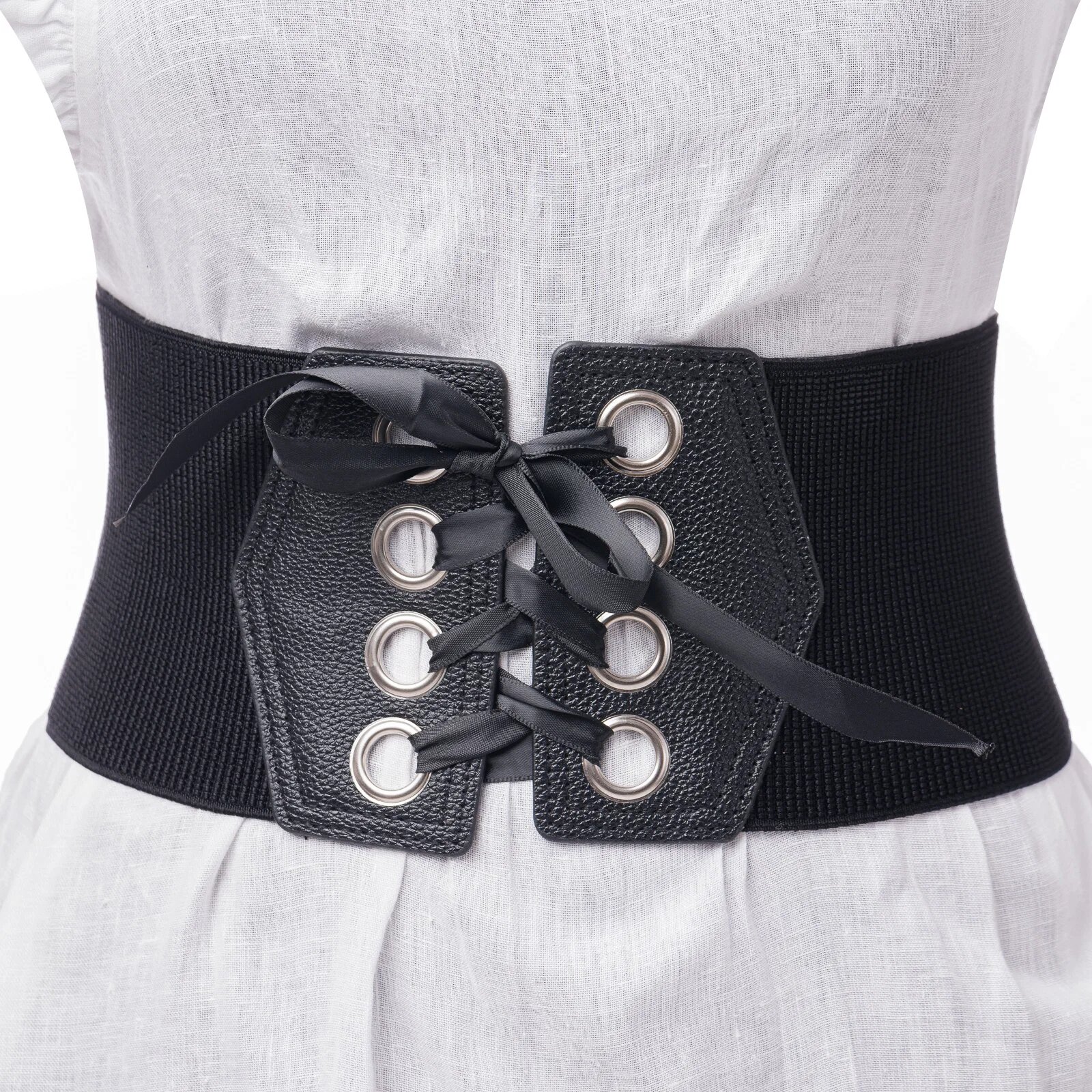 Shopika Centura corset din piele ecologica cu 8 capse mari argintii si funda satin