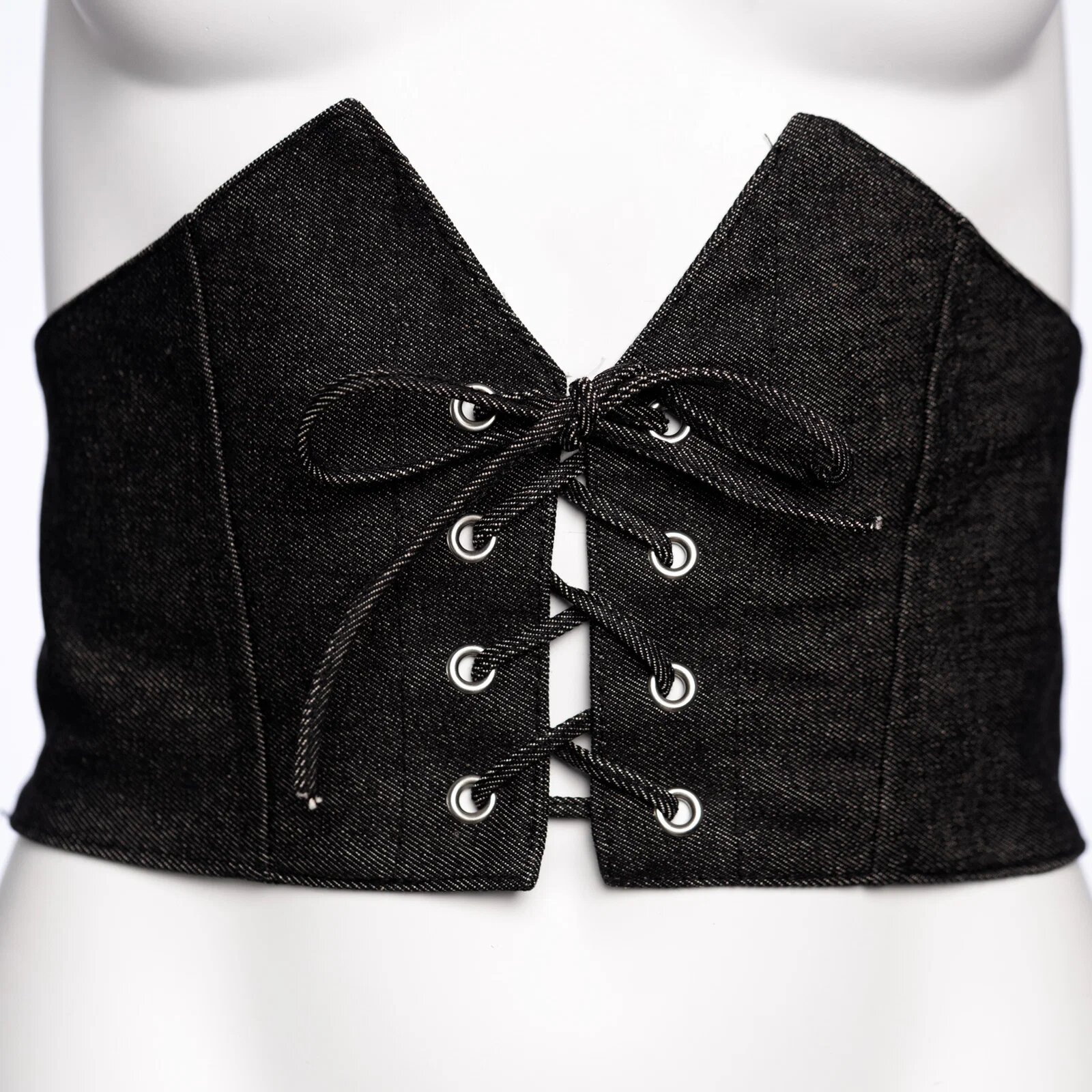 Shopika Centura corset lata din material jeans negru cu siret si capse mici