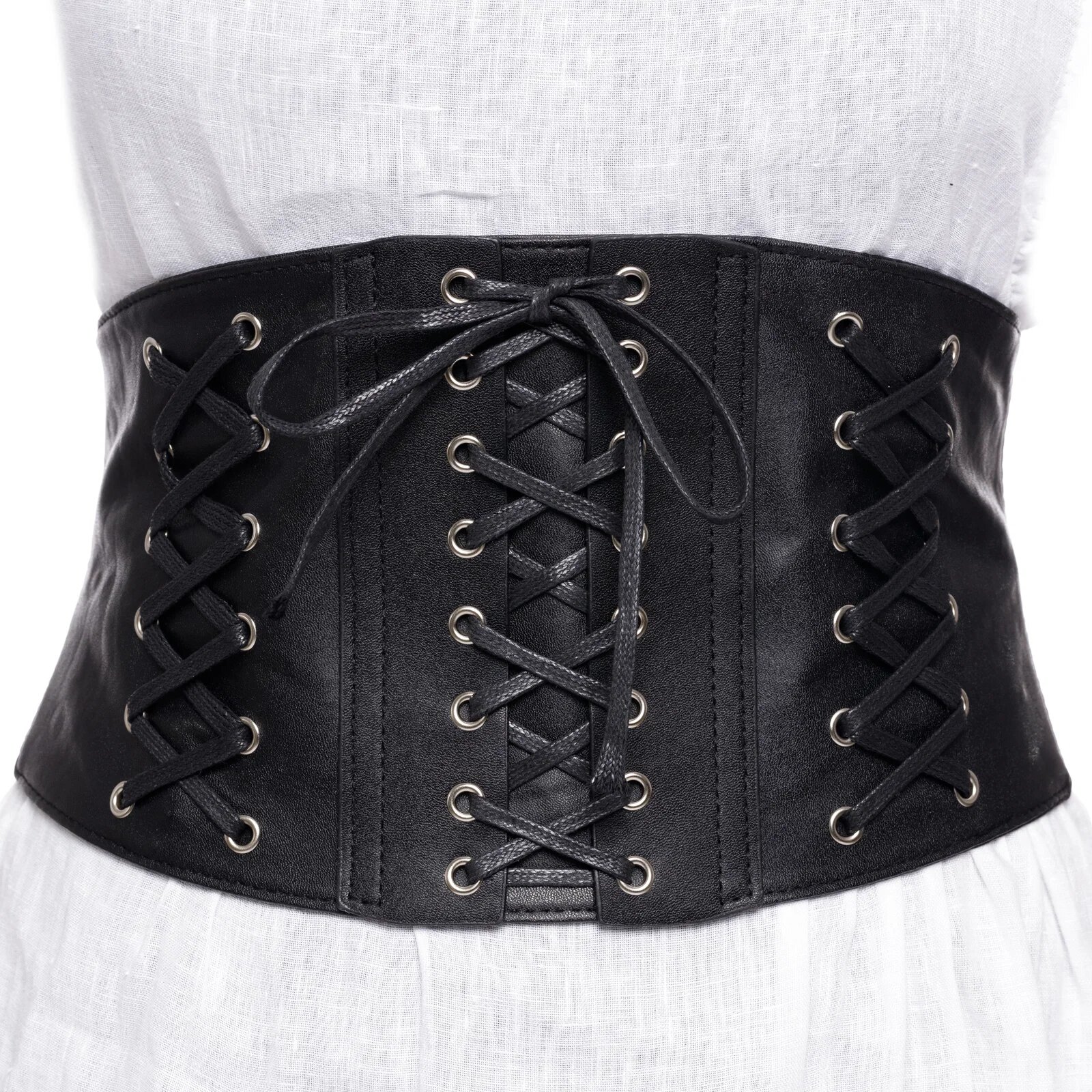 Shopika Centura corset lata din piele ecologica cu 3 randuri de sireturi si capse metalice
