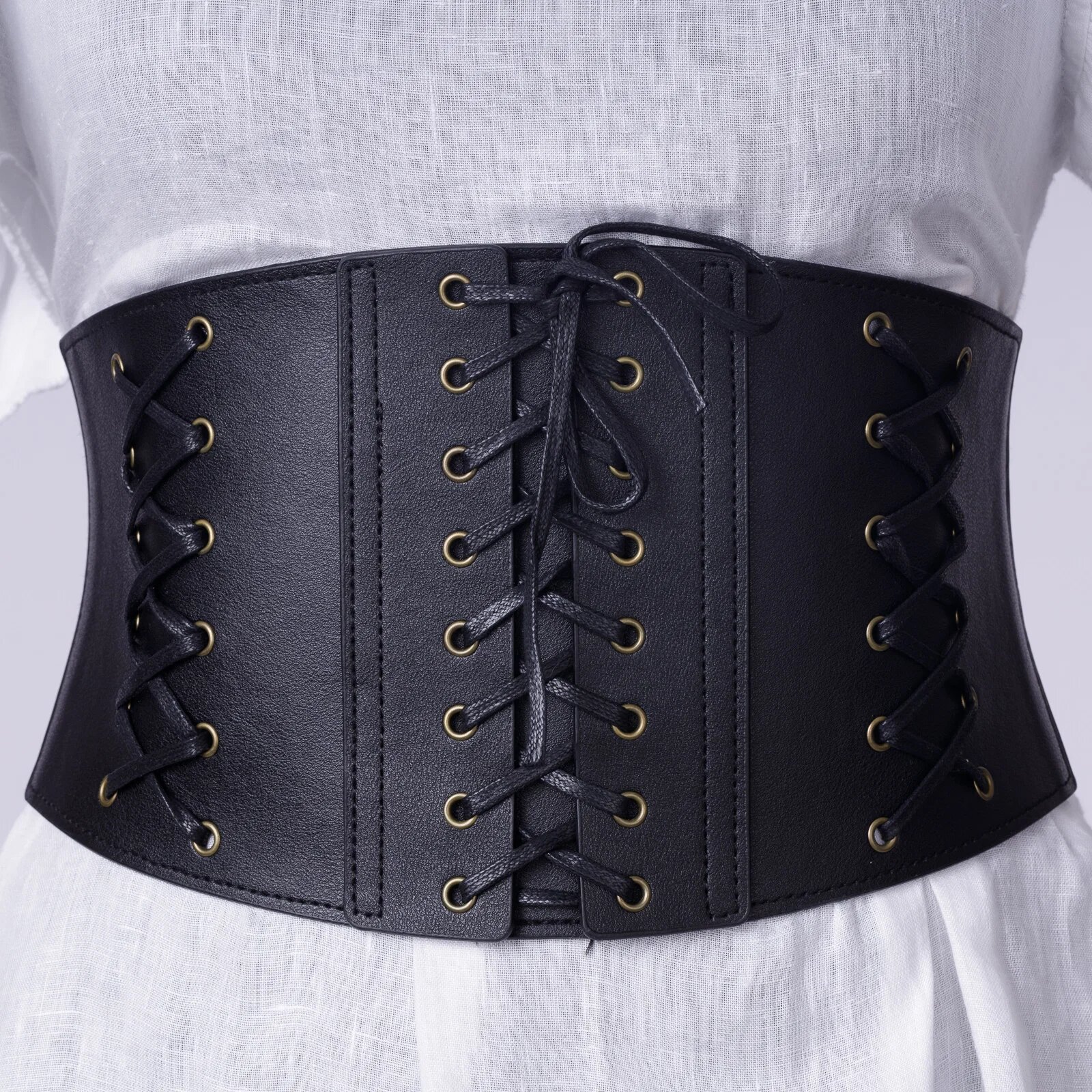 Shopika Centura corset lata din piele ecologica cu 3 randuri de sireturi si capse metalice auriu antichizat