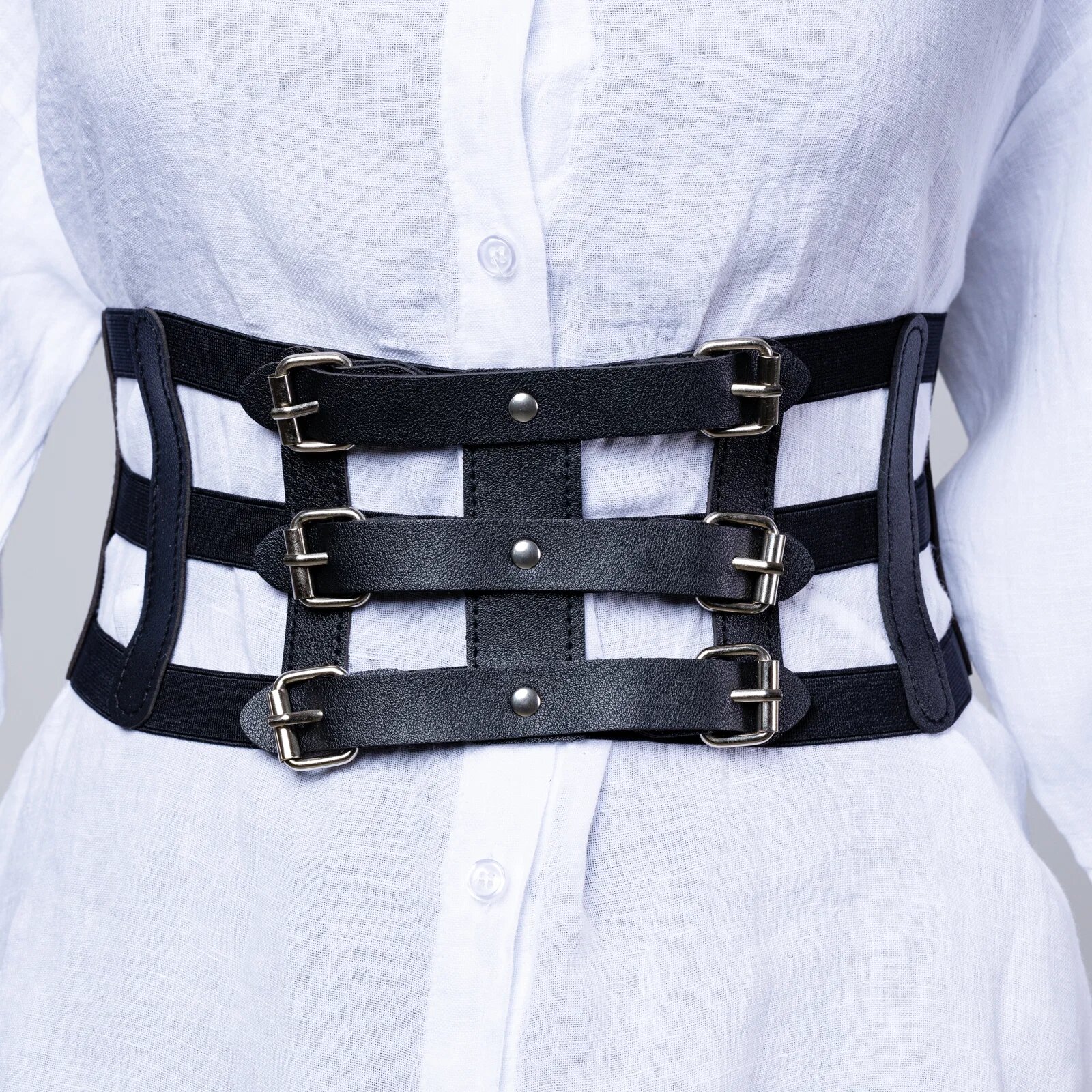 Shopika Centura corset lata din piele ecologica cu catarame argintii