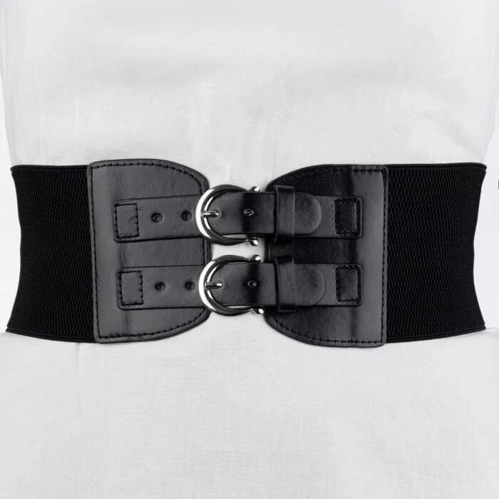 Shopika Centura corset lata din piele ecologica cu doua catarame argintii in fata si elastic la spate