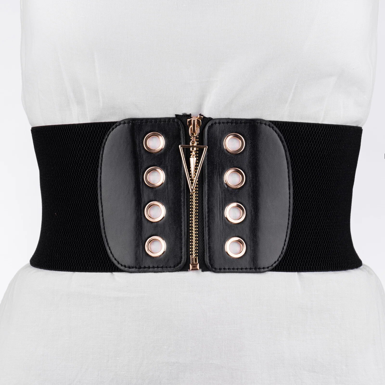 Shopika Centura corset lata din piele ecologica cu fermoar si capse in fata si elastic la spate