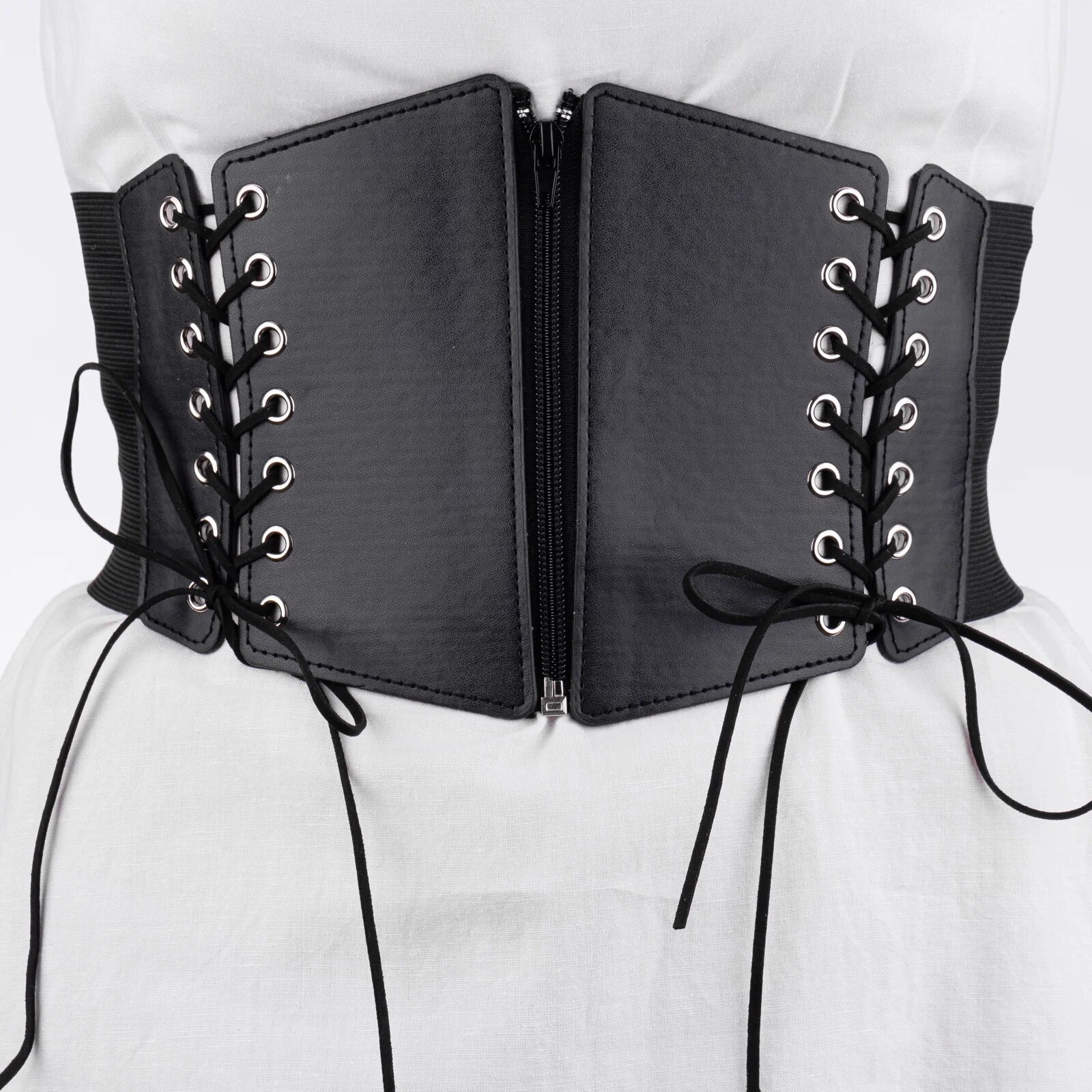 Shopika Centura corset lata din piele ecologica cu fermoar si snururi in fata si elastic la spate