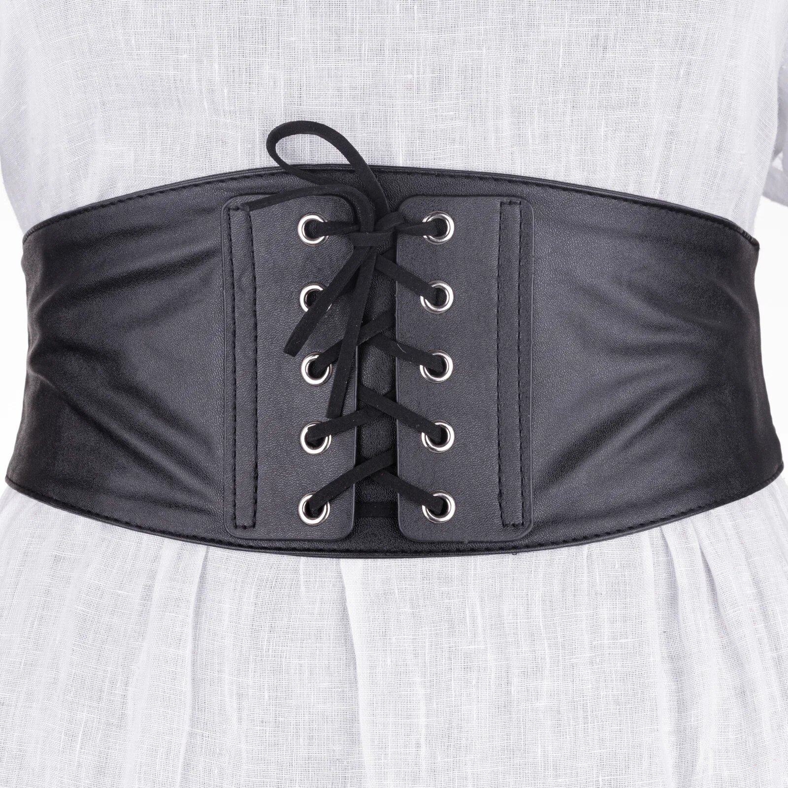 Shopika Centura corset lata din piele ecologica cu siret decorativ si capse metalice
